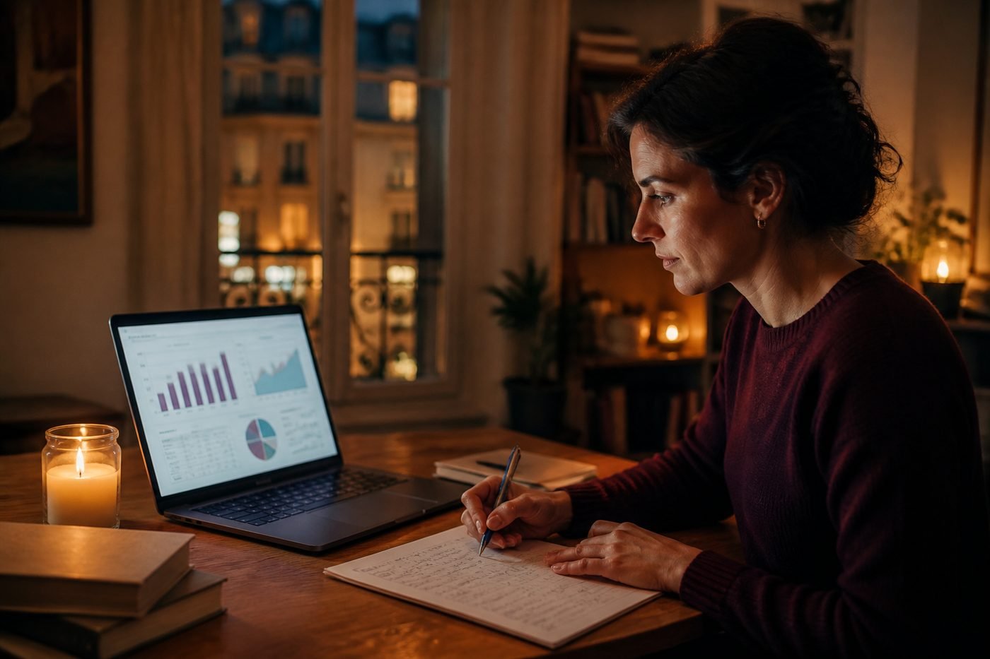 Femme préparant un entretien salarial chez elle, avec des notes et des recherches sur les grilles de rémunération.