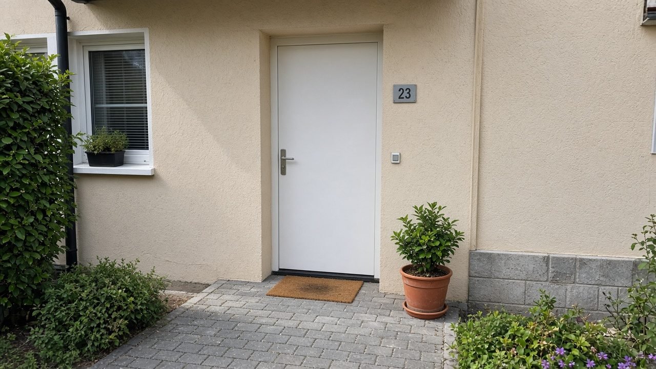 Hauseingang eines Einfamilienhauses am helllichten Tag