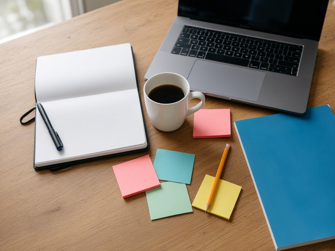 Personne en reconversion professionnelle préparant sa négociation salariale, notes colorées sur le bureau
