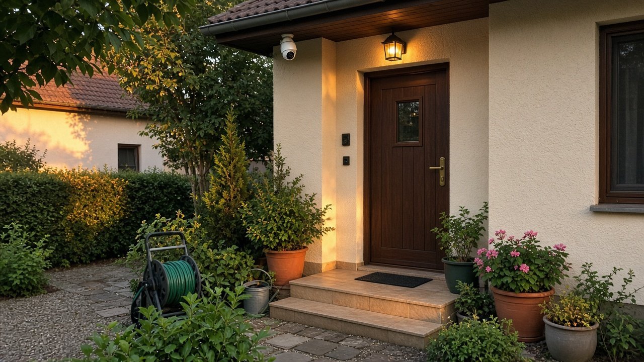 Gemütliches Einfamilienhaus mit montierter Wachlicht-Kamera am Eingang, warmes Abendlicht